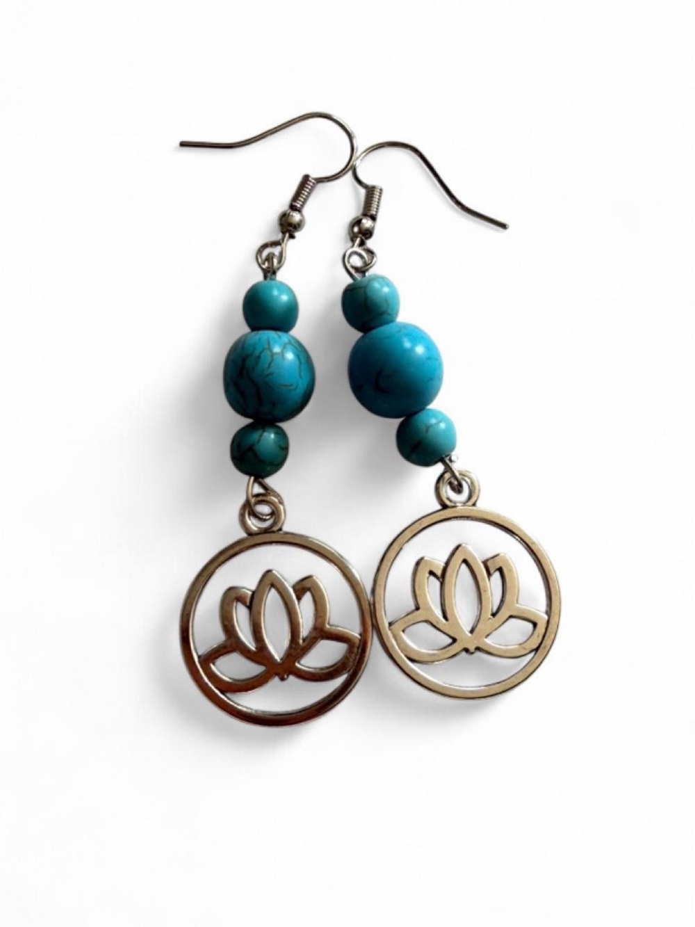 Handmade Silver Lotus Flower & Turquoise Bead Dangle Drop Earrings Boho - Picture 1 of 5